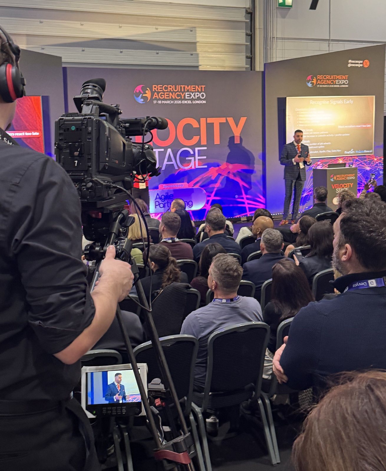 Neil Ray speaking to a packed room on the Velocity Stage, Recruitment Agency Expo, ExCeL London 2026