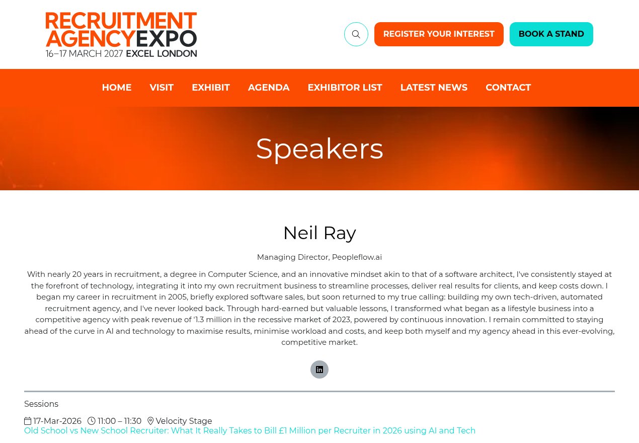 Recruitment Agency Expo speaker page for Neil Ray